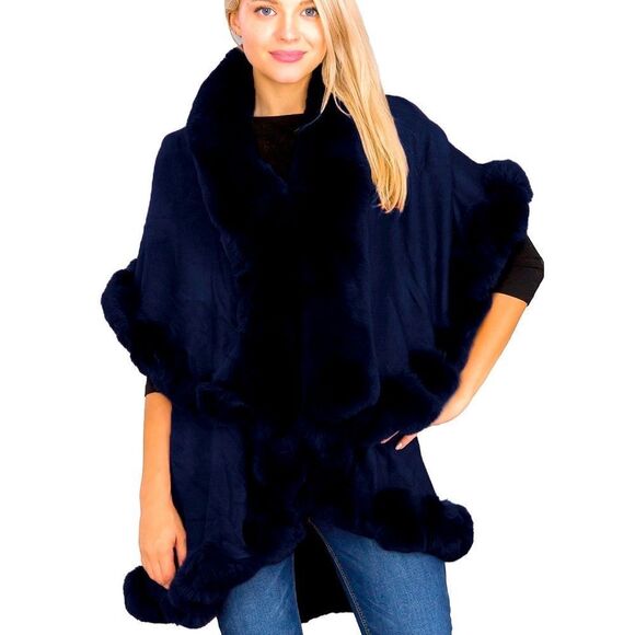 New Version! Fluffy Navy Blue double layer Faux Fur CAPE Coat - Picture 1 of 10